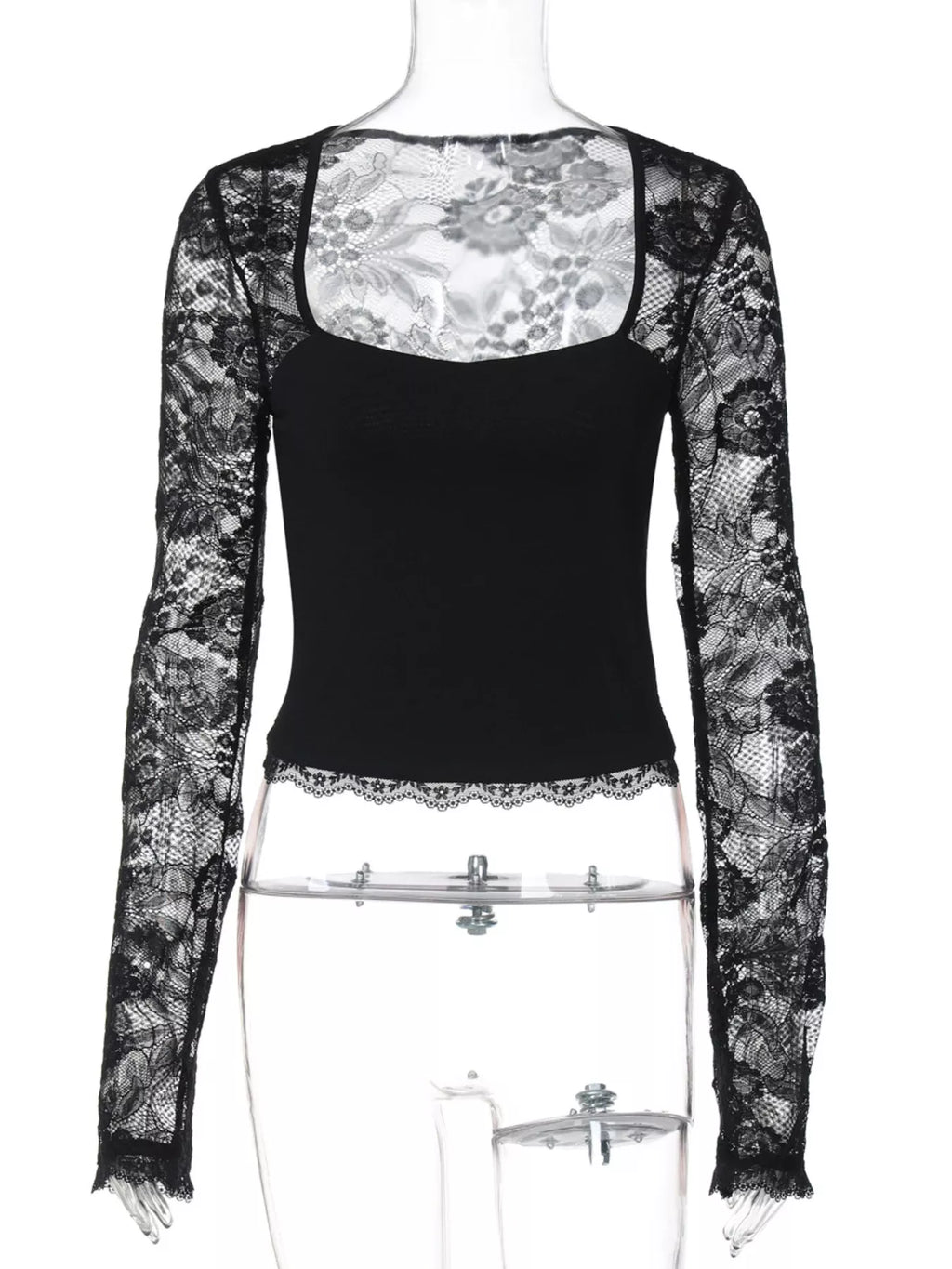 Sheer lace sleeve square neck t-shirt by Shopimist featuring transparent lace sleeves and a modern square neckline.