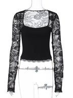 Sheer lace sleeve square neck t-shirt by Shopimist featuring transparent lace sleeves and a modern square neckline.
