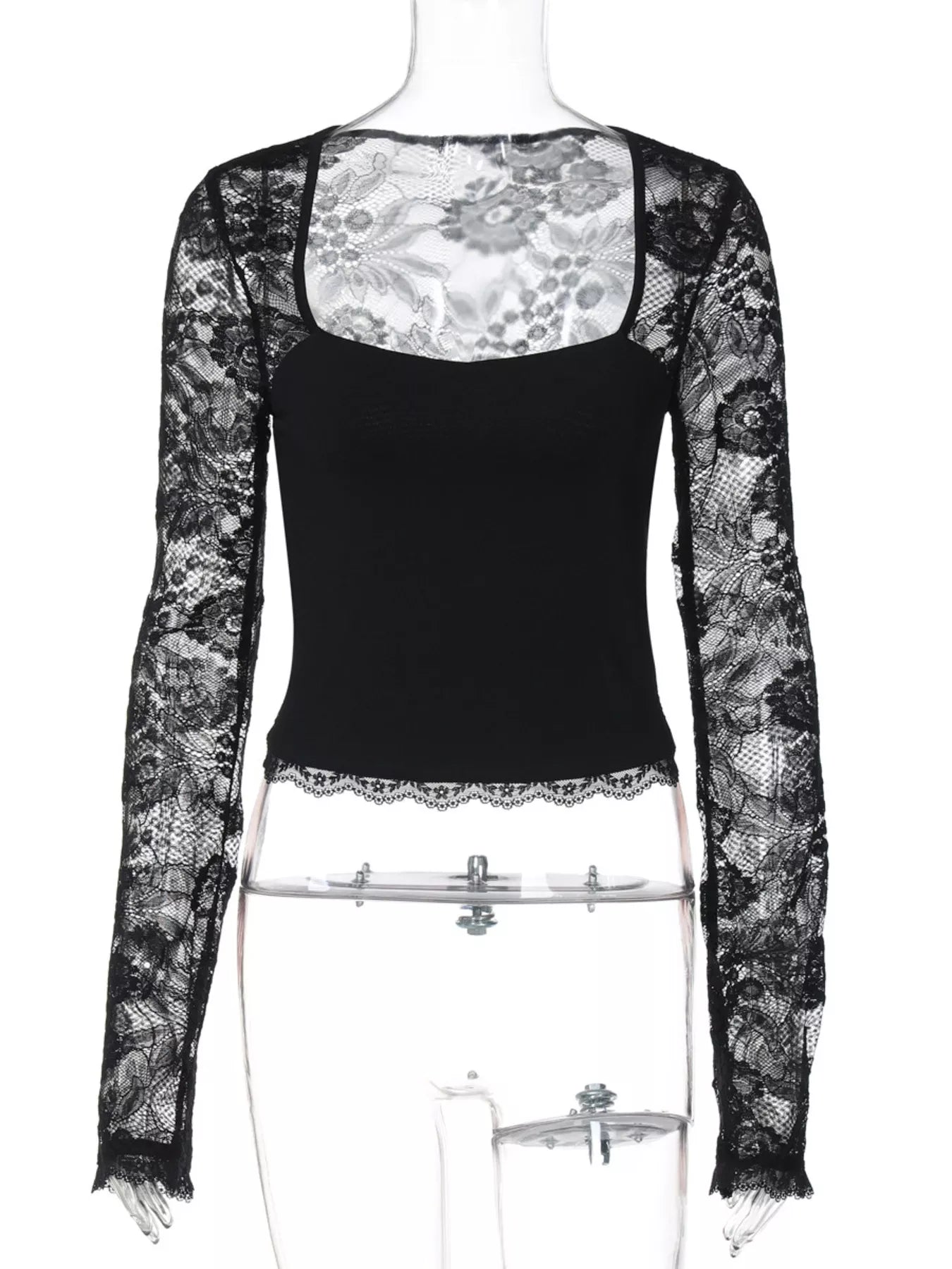 Sheer lace sleeve square neck t-shirt by Shopimist featuring transparent lace sleeves and a modern square neckline.