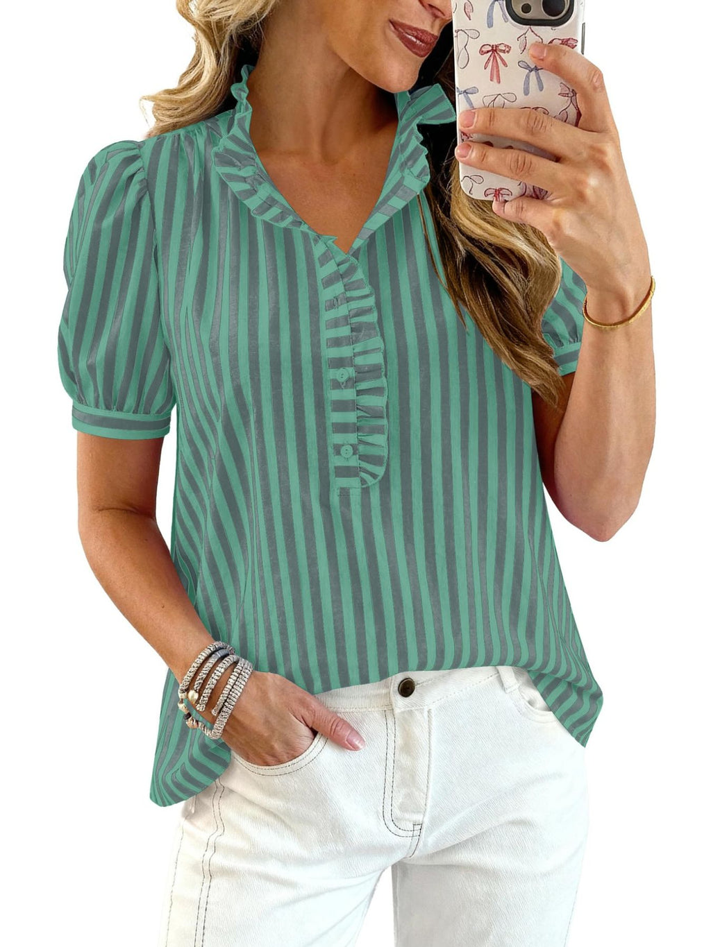 Women's striped puff sleeve blouse with ruffled details, featuring a stylish and feminine design by Trendsi.