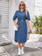VYSN Button Up Dropped Shoulder Denim Dress showing front view with collar, button details, and relaxed fit on model.
