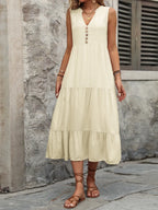Ivy Lane women's sleeveless button-down dress with notched neck, made of 100% cotton, shown in a stylish, casual fit.