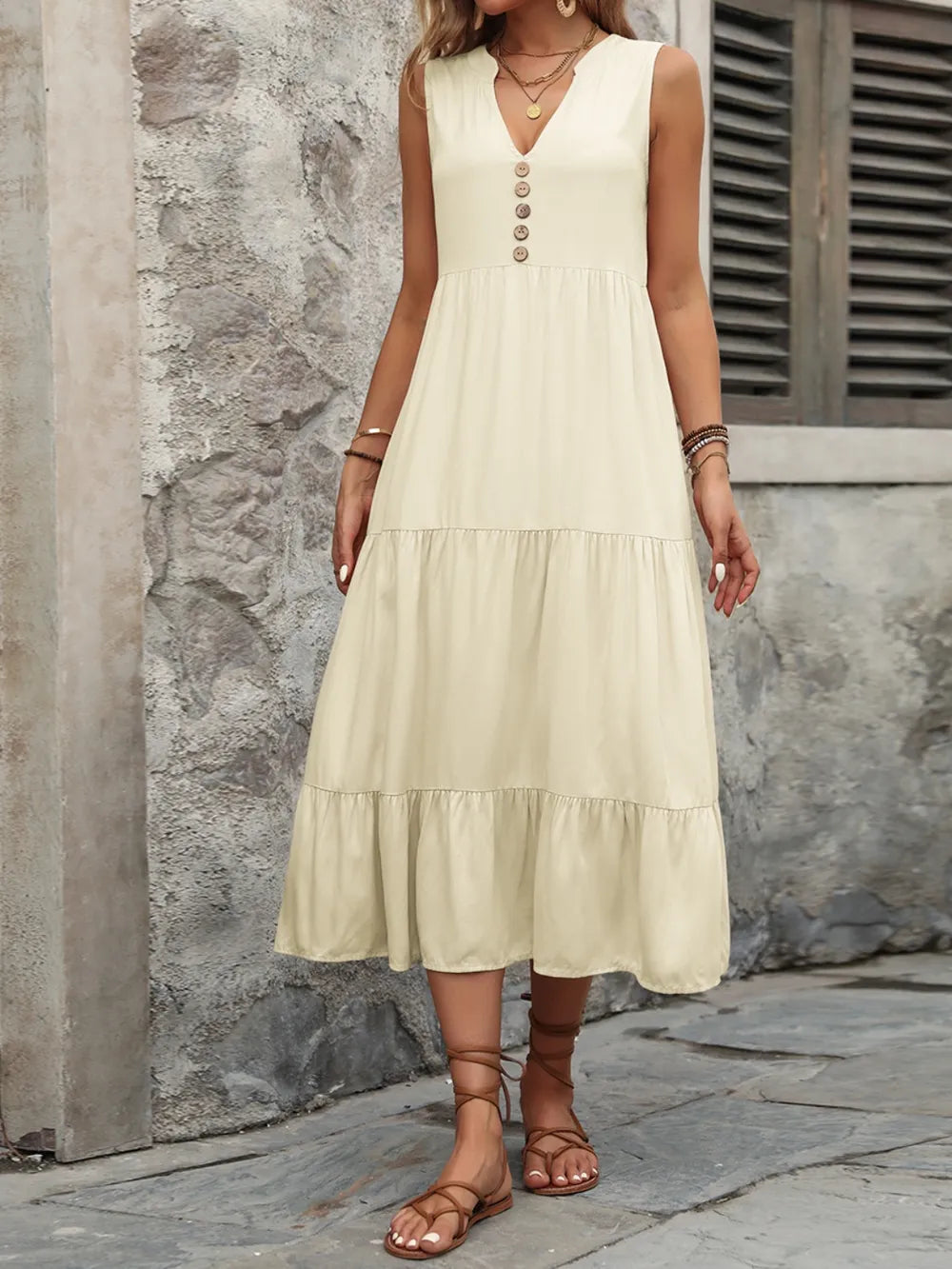 Ivy Lane women's sleeveless button-down dress with notched neck, made of 100% cotton, shown in a stylish, casual fit.