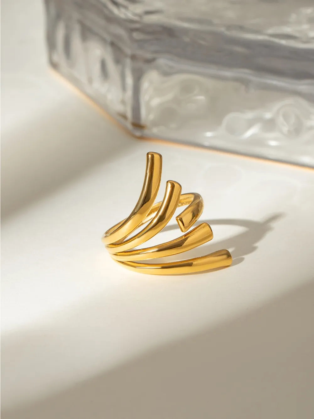18K gold-plated stainless steel irregular open ring with unique design, perfect for stylish jewelry collection.
