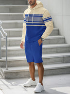 Plus size men's striped hoodie and shorts casual set by Trendsi, featuring comfortable full-size bottoms with bold stripes.