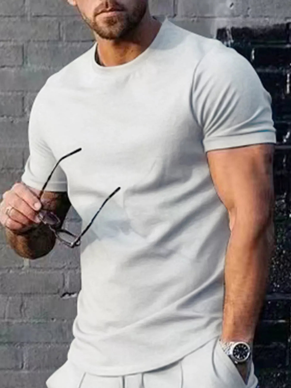 Men's plus size solid color casual T-shirt from Plush Fashion Hub, front view showing round neckline and short sleeves