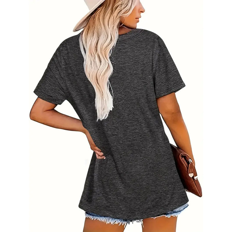 Women’s casual summer T-shirt with round neck, short sleeves, slogan print, from Plush Fashion Hub.