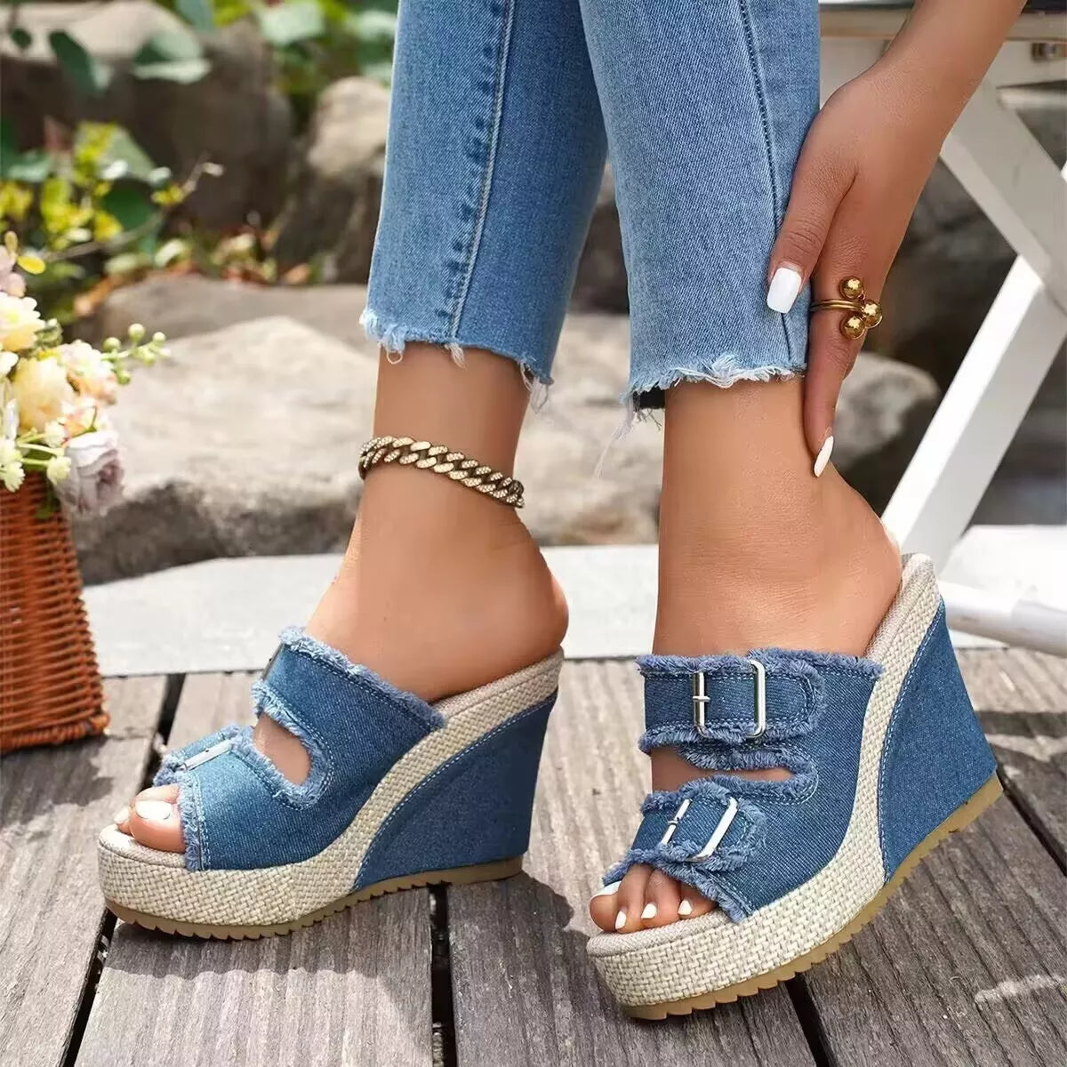 Open toe wedge sandals by Plush Fashion Hub featuring buckle straps and a stylish, elevated sole for summer wear.