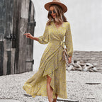 Plush Fashion Hub autumn and winter floral dress with chest wrap, tie waist, and large swing skirt for leisure holiday style