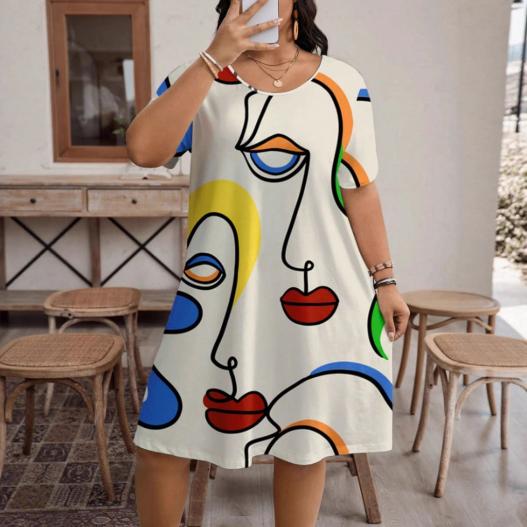 Women's casual printed round neck short sleeve dress by Plush Fashion Hub, showcasing a comfortable, stylish casualwear dress.