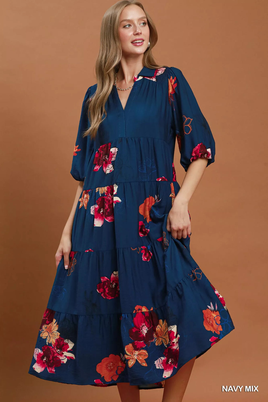 Umgee floral print tiered midi dress with puff sleeves, featuring a feminine style and lightweight fabric.