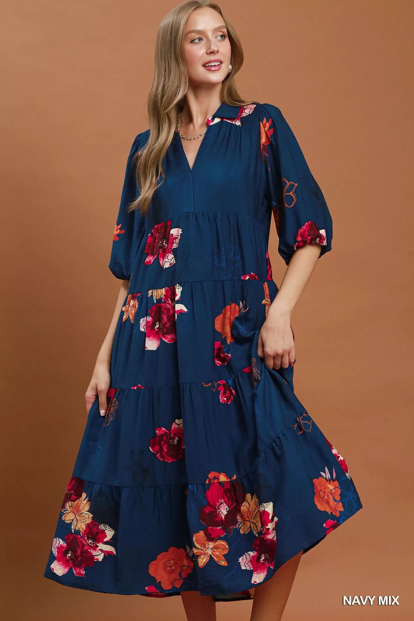 Umgee floral print tiered midi dress with puff sleeves, featuring a feminine style and lightweight fabric.