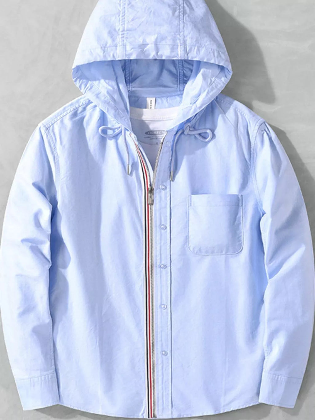 Men's plus size striped trim hooded casual shacket from Shopimist, featuring a relaxed fit with a stylish striped hood and trim details.