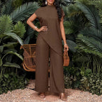 Asymmetrical sleeveless top and matching pants set for women by FitiqueFit, stylish two-piece outfit with modern design.