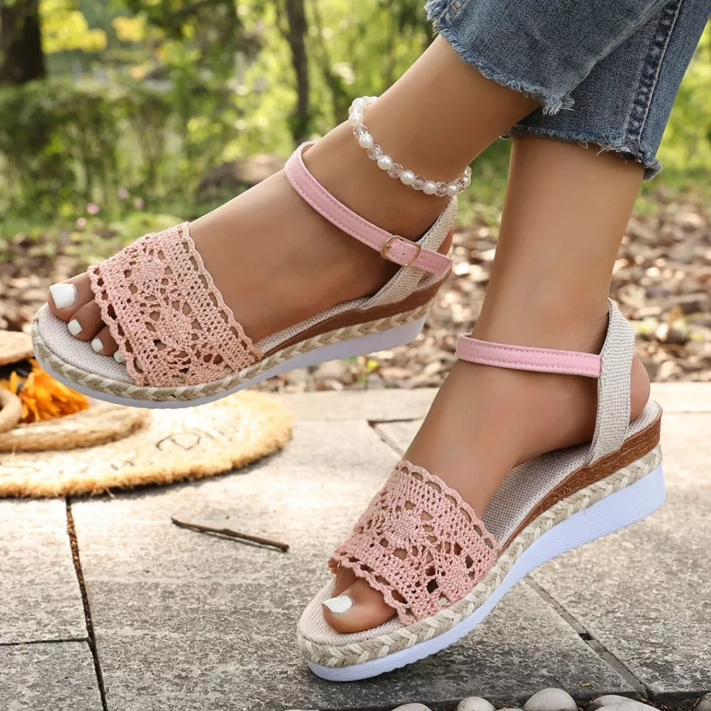 Women's crochet espadrille platform sandals with mid-heel, trendy summer shoes featuring woven details and comfortable sole.