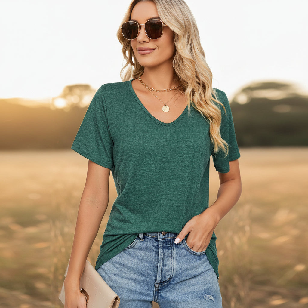 Women's V-neck pleated loose-fit casual T-shirt by FitiqueFit, featuring a relaxed fit and summer-ready style.