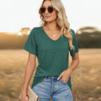 Women's V-neck pleated loose-fit casual T-shirt by FitiqueFit, featuring a relaxed fit and summer-ready style.