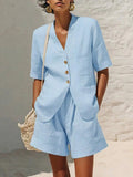 Women's cotton-linen loose-fit T-shirt and cropped shorts two-piece set by FitiqueFit, casualwear with relaxed, comfortable style.