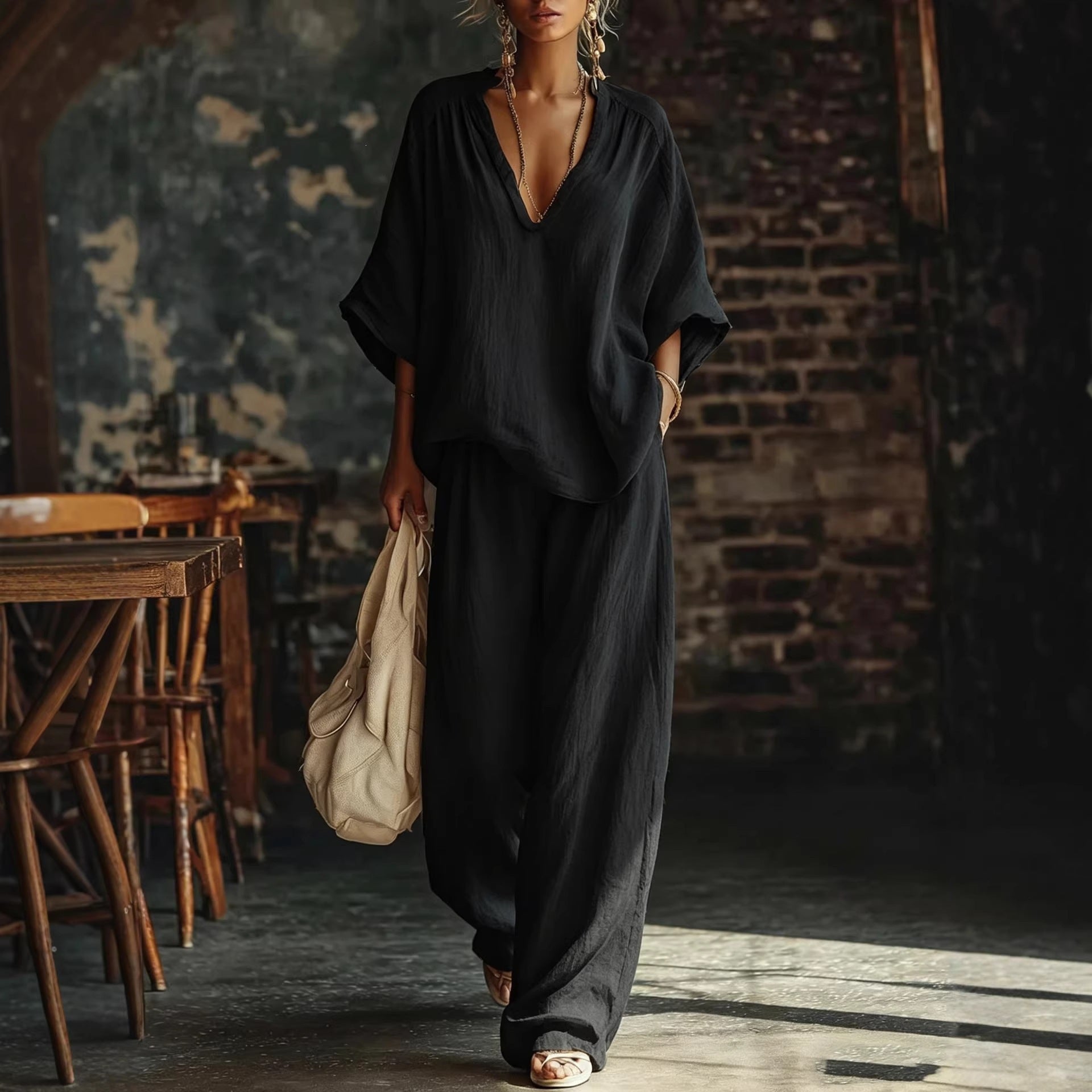 Casualwear V-neck loose short-sleeve top and pants set by FitiqueFit in five colors, available in sizes S to 4XL.