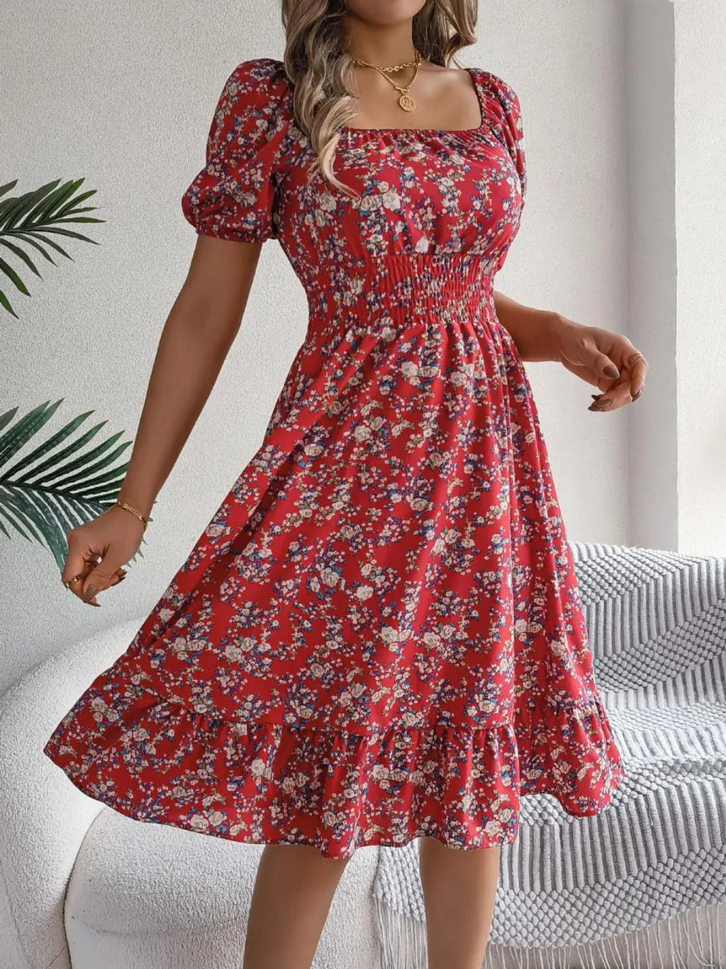 Shopimist ruffled hem floral puff sleeve dress featuring a feminine silhouette with ruffles and floral print.