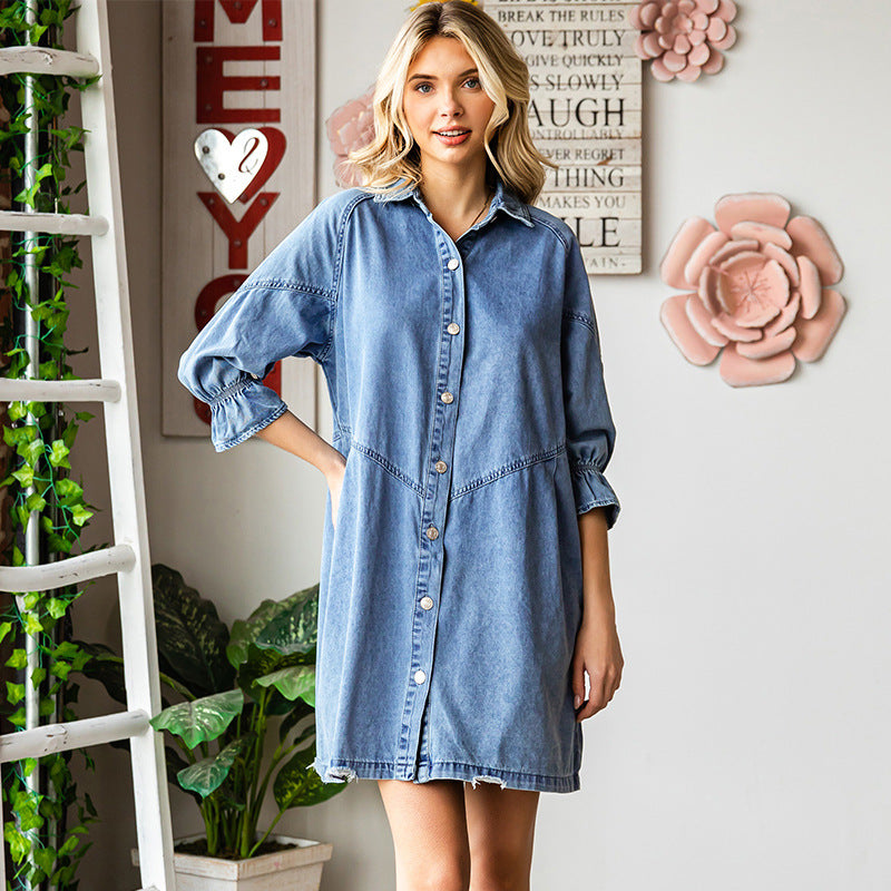 Women's three-quarter sleeve denim dress with ruffle detail and mid-length fit by FitiqueFit, shown on a model.