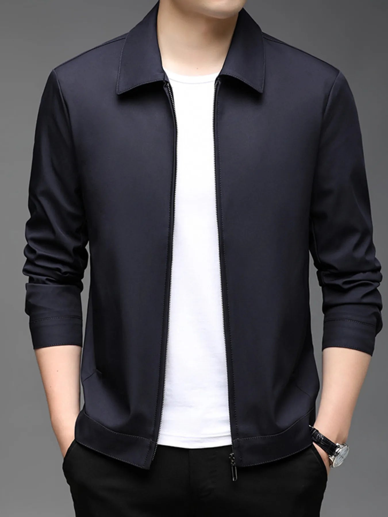 Plus size men's casual zip-up jacket by Shopimist, showing a comfortable, stylish dark-colored jacket with front zipper and collar.