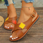 Colorful patchwork buckle flat sandals with ankle straps, trendy summer shoes from Trendsi featuring vibrant, comfortable design.