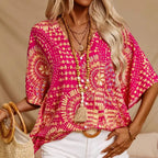 FitiqueFit Mandala Print V-Neck Blouse, casual vacation top with colorful mandala design and relaxed fit, perfect for warm weather.