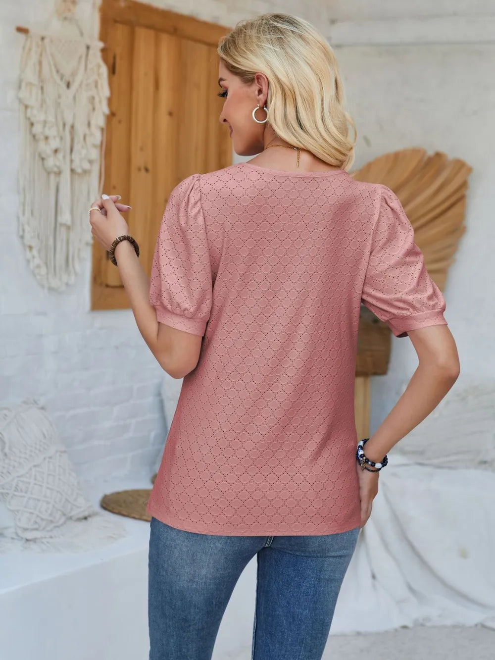 Plush Fashion Hub eyelet asymmetrical neck short sleeve T-shirt, stylish tops with unique neckline and comfortable fit.