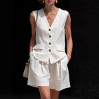 Women’s cotton linen sleeveless vest top and shorts set by FitiqueFit, casualwear featuring a relaxed sleeveless top and matching shorts.
