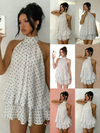 Women's chiffon halter mini dress by Plush Fashion Hub featuring a high-waist, open-back, and A-line silhouette.