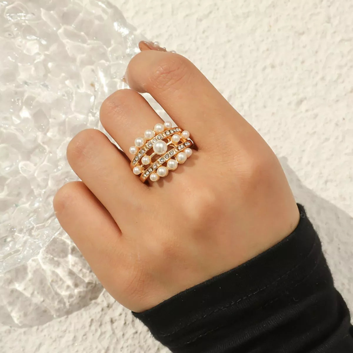 18K gold-plated open pearl ring with a sleek band and a single pearl, stylish jewelry piece from Plush Fashion Hub.