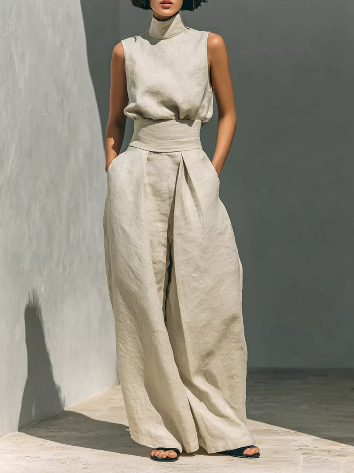 Plus size full length sleeveless wide-leg jumpsuit with smocked waist from Trendsi, shown on a model with a relaxed fit.