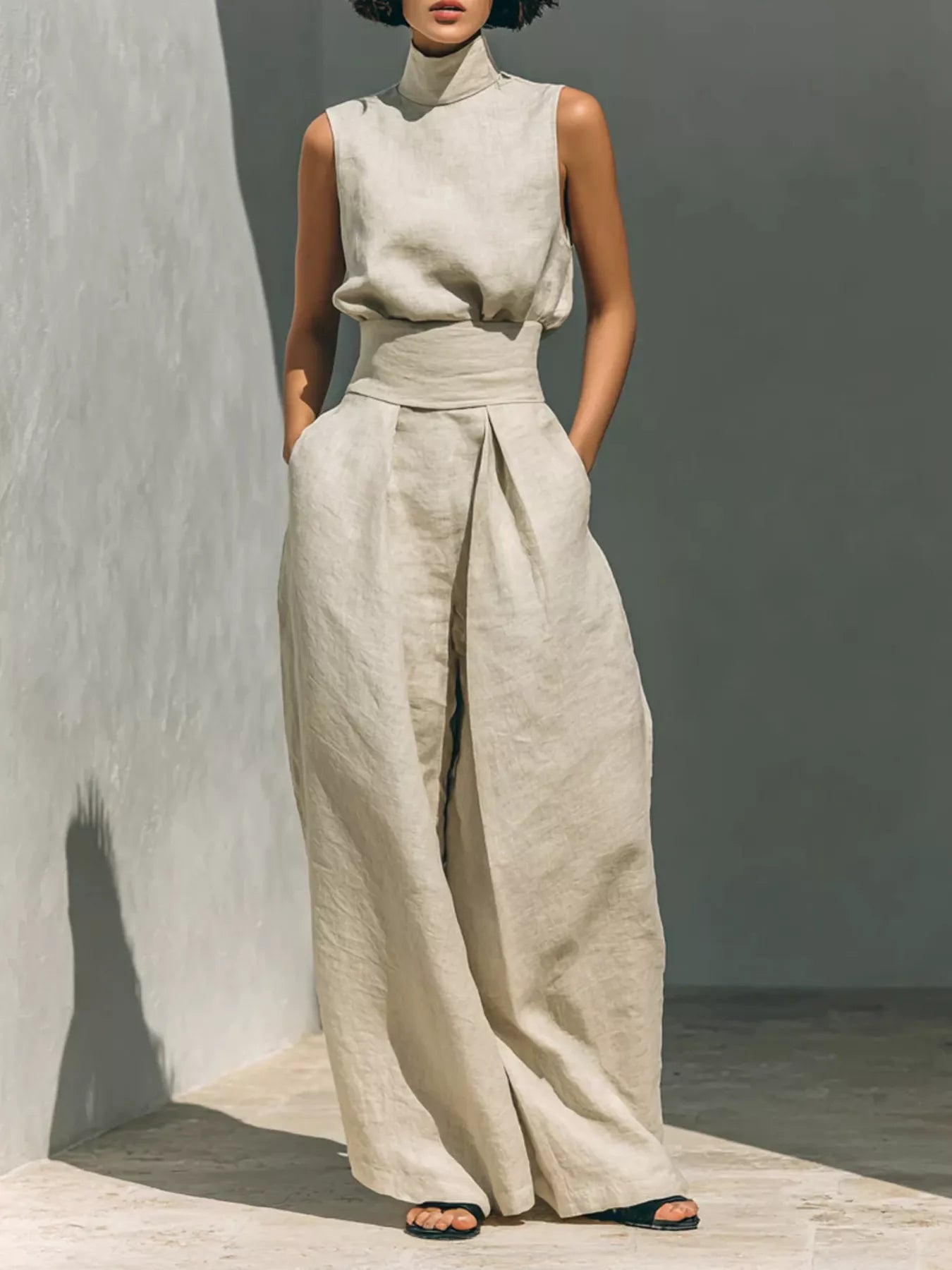 Plus size full length sleeveless wide-leg jumpsuit with smocked waist from Trendsi, shown on a model with a relaxed fit.