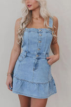 VYSN denim dress with ruffled hem, button front, and square neckline, showcasing casual and stylish fashion design.