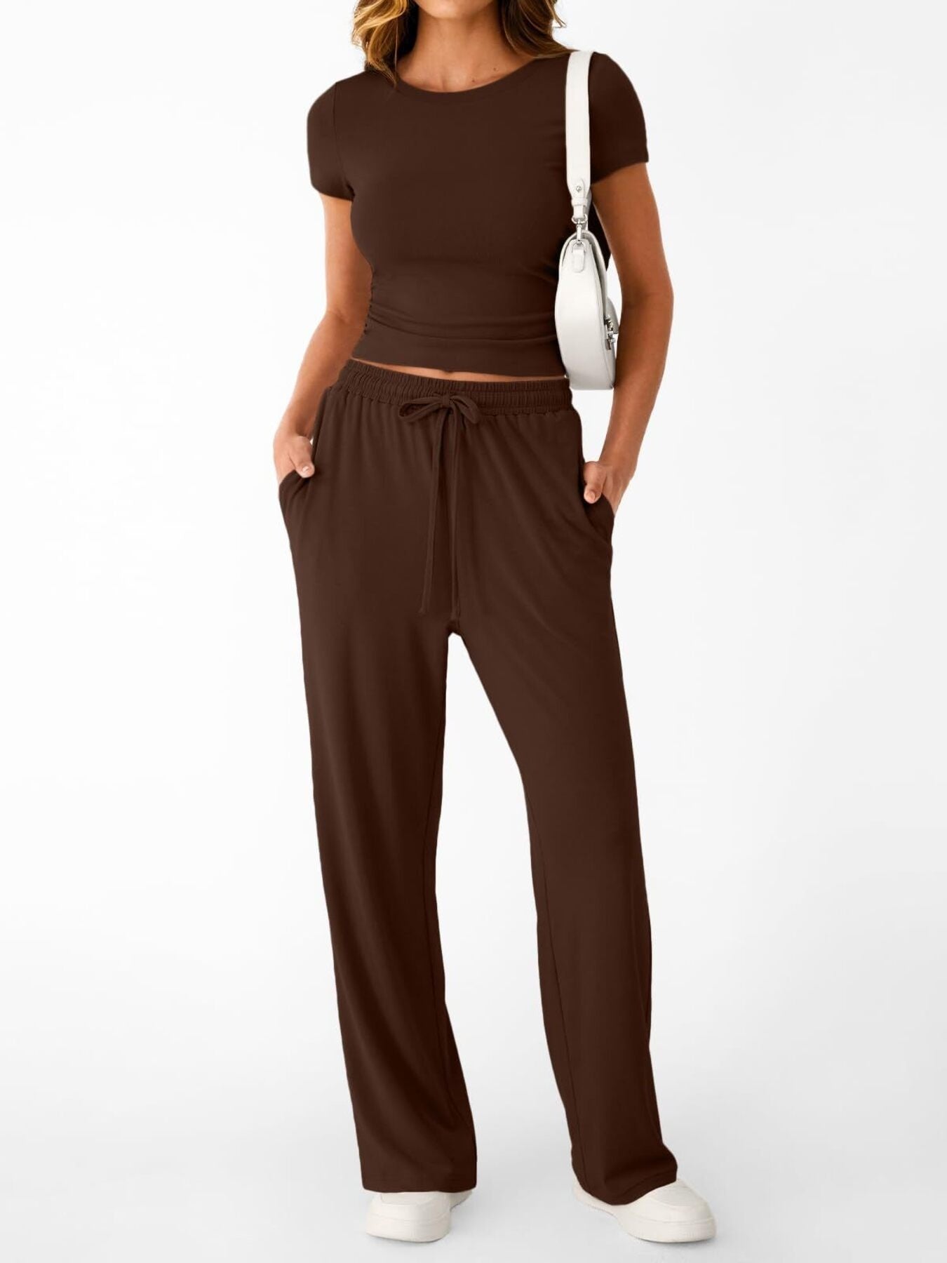 Women's round neck short sleeve T-shirt and drawstring lounge set, 2-piece set by Trendsi, casual and comfortable for relaxed wear.