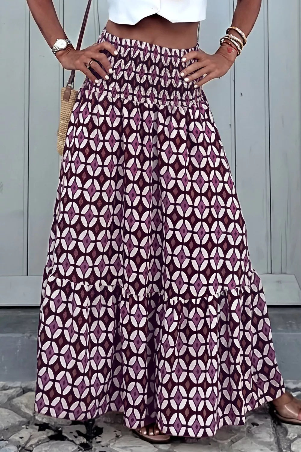 Geometric print smocked waist maxi skirt from Plush Fashion Hub, flowing dress with a vibrant pattern and comfortable fit.