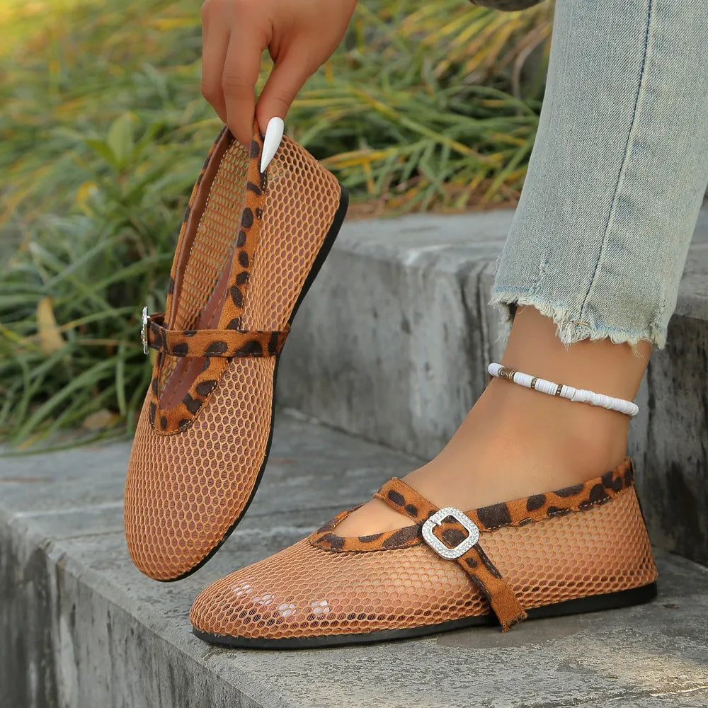 Women's breathable mesh flat sandals with round toes, summer shoes by Trendsi, featuring open-toe design and comfortable flat sole.