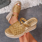 Open toe wedge sandals by Shopimist featuring a natural cork heel and stylish straps for comfortable summer wear.