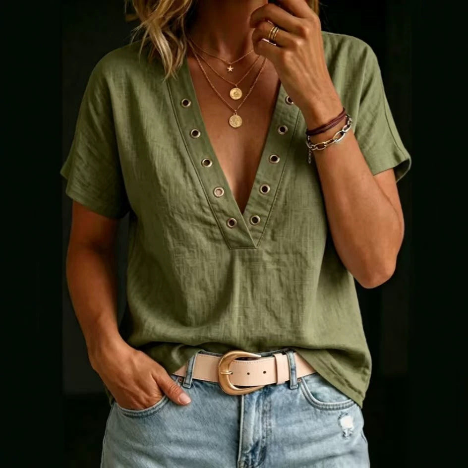 Women's loose-fit linen shirt with V-neck and short sleeves, styled casually, in a natural fabric finish from FitiqueFit.