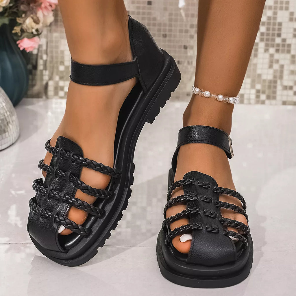 Shopimist round toe platform sandals showing beige straps and chunky sole, perfect for stylish summer footwear.