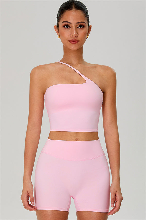 Plush Fashion Hub Jewel one-shoulder crop top and matching shorts set, stylish two-piece outfit for trendy summer looks.