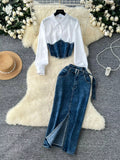 Frayed denim patchwork top and slit maxi denim skirt set by Shopimist, featuring distressed details and stylish casual fit.