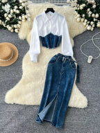 Frayed denim patchwork top and slit maxi denim skirt set by Shopimist, featuring distressed details and stylish casual fit.