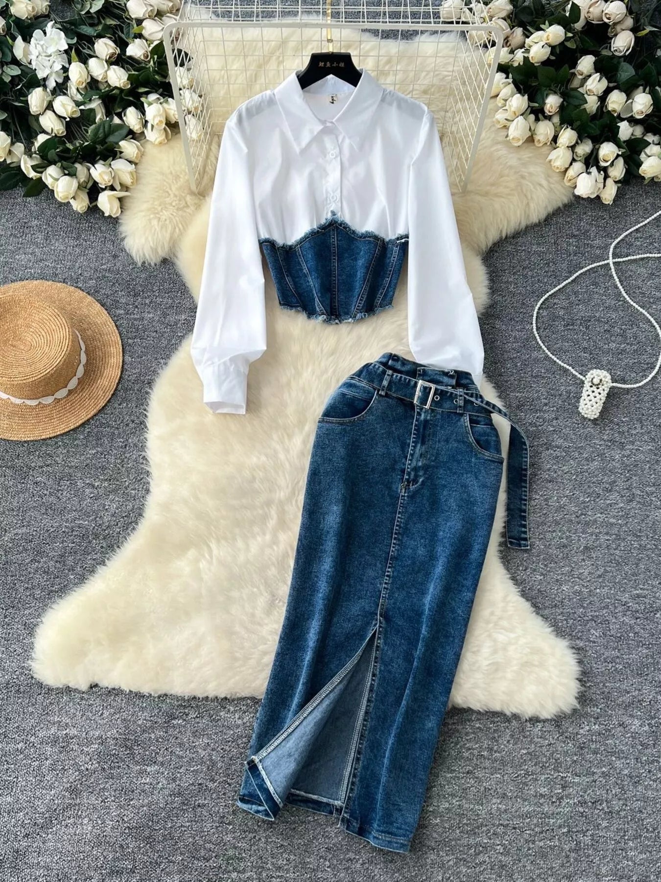 Frayed denim patchwork top and slit maxi skirt set by Plush Fashion Hub, featuring a stylish two-piece denim ensemble.