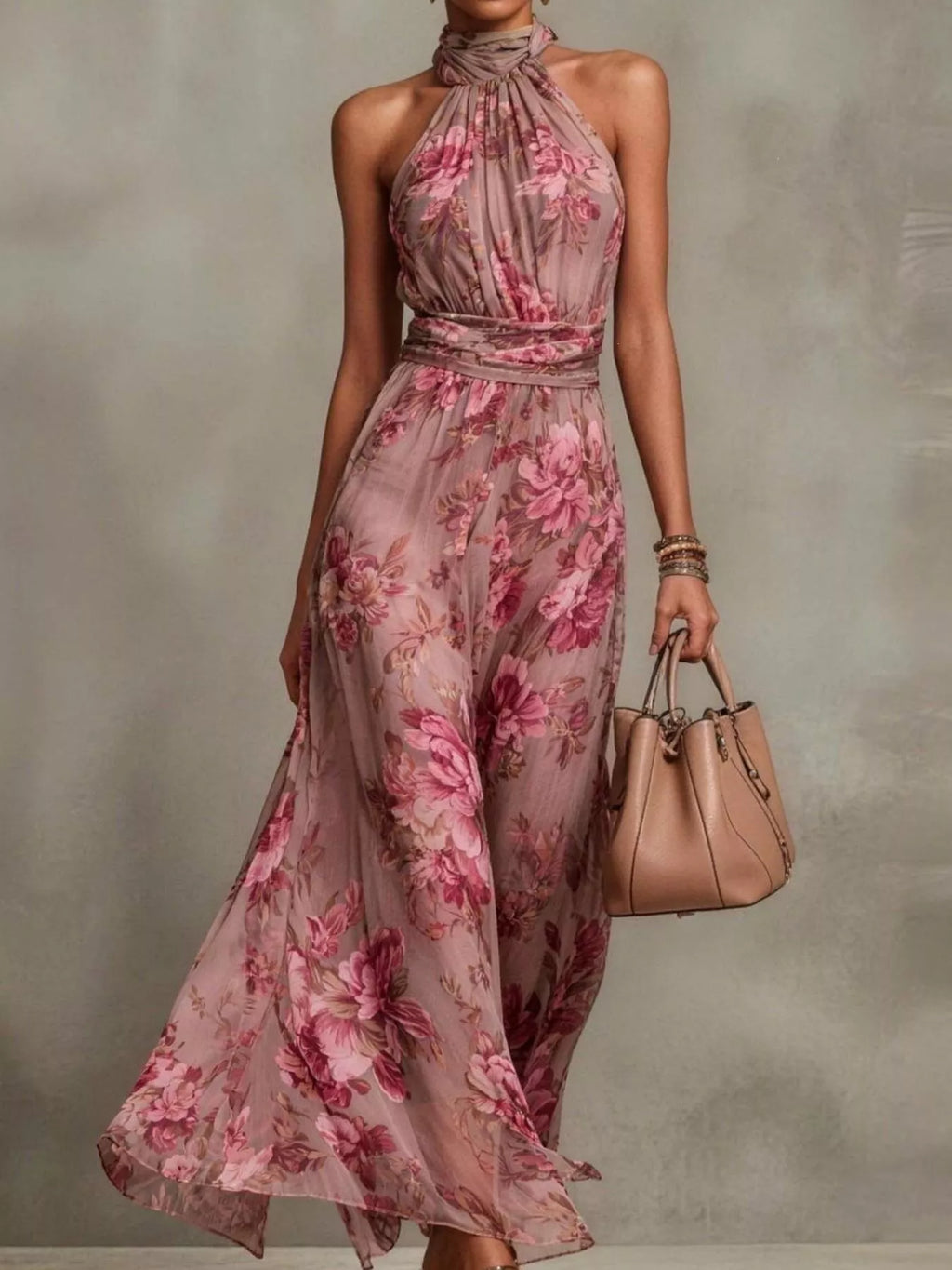 Plus size floral print sleeveless maxi dress from Trendsi, featuring a full-length design with vibrant floral patterns.