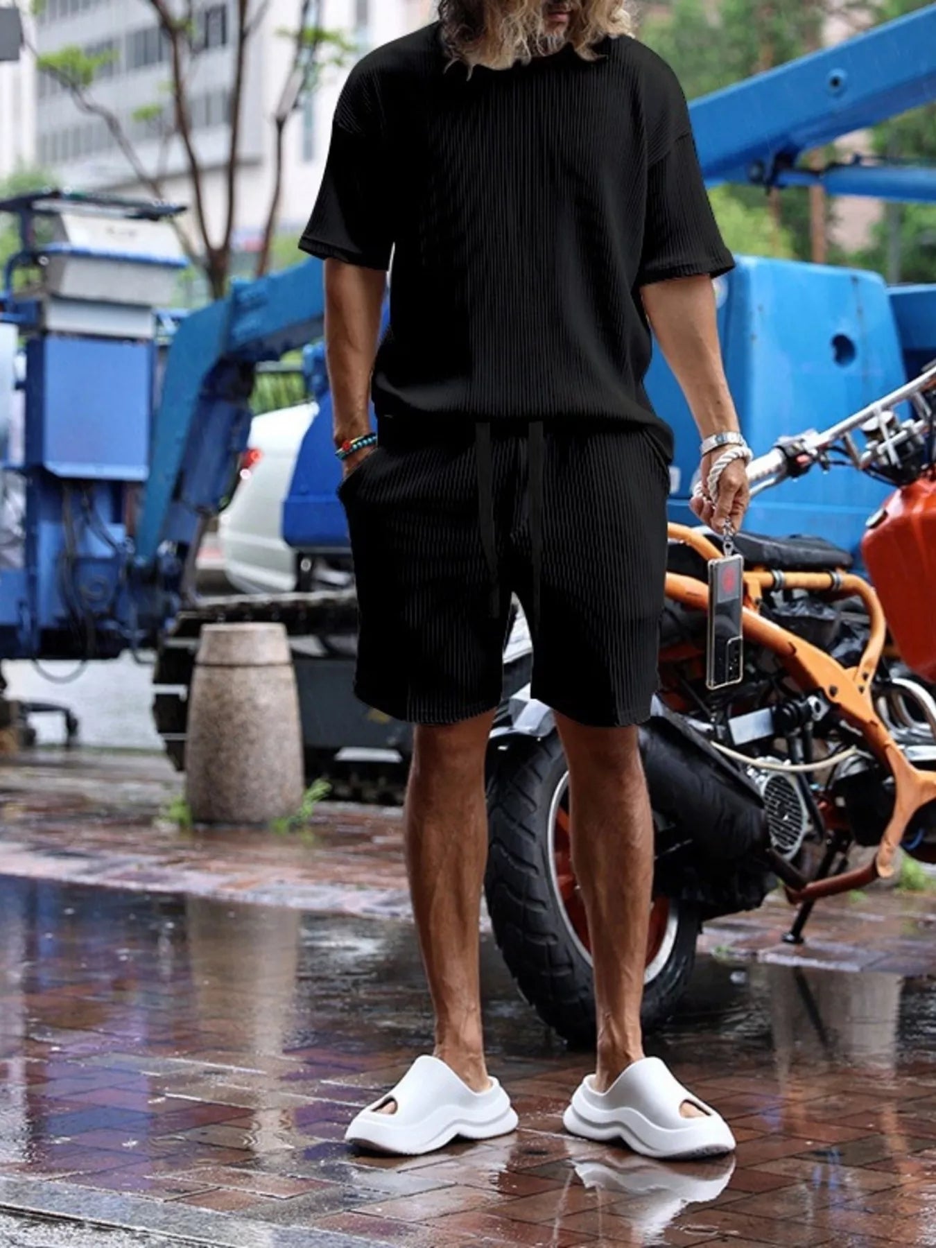 Men's plus size short sleeve top and shorts set by Trendsi, casual summer outfit, lightweight fabric, relaxed fit.