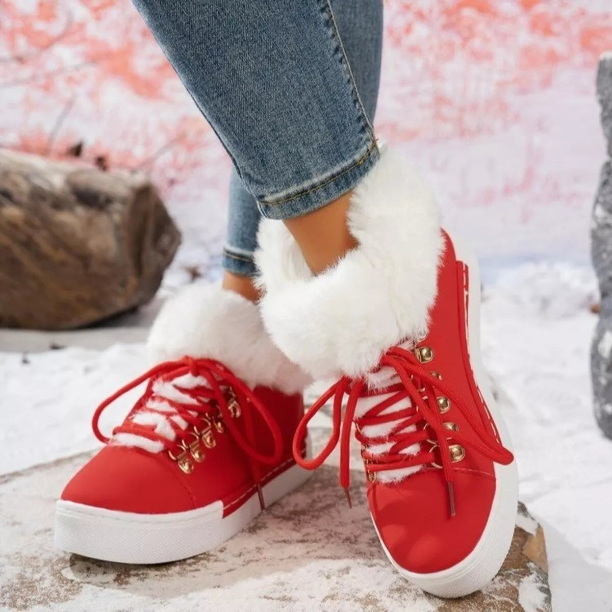 Fuzzy trim lace-up ankle boots by Simply Love with chunky heels and soft faux fur accents, stylish for cold weather.