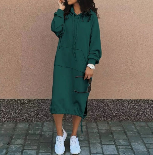 Plush Fashion Hub women's long-sleeved hooded sweater with front pocket and drawstring, casual and comfortable sweatshirt.