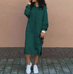 Plush Fashion Hub women's long-sleeved hooded sweater with front pocket and drawstring, casual and comfortable sweatshirt.